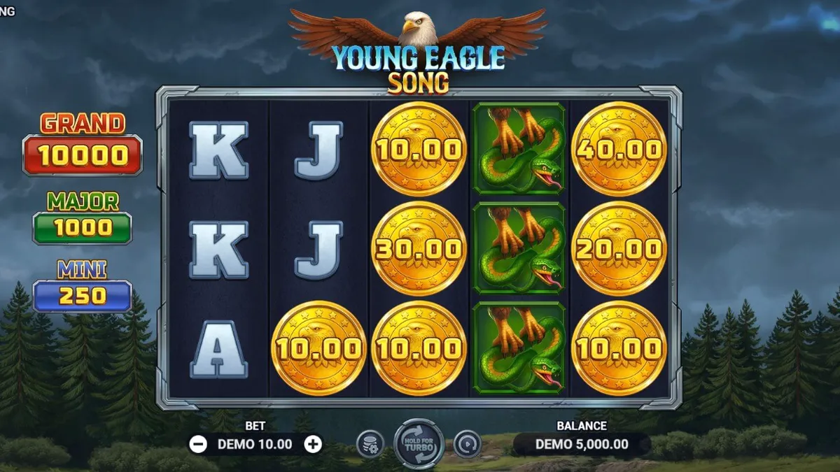 Cenário épico de uma águia sobrevoando a floresta no slot Young Eagle Song