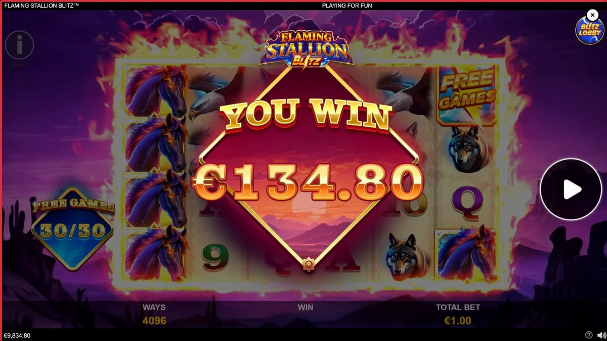 Flaming Stallion Blitz slot machine interface featuring a blue fire horse