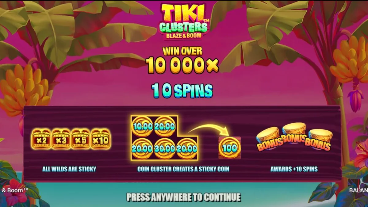 Tiki Clusters Blaze & Boom slot machine interface